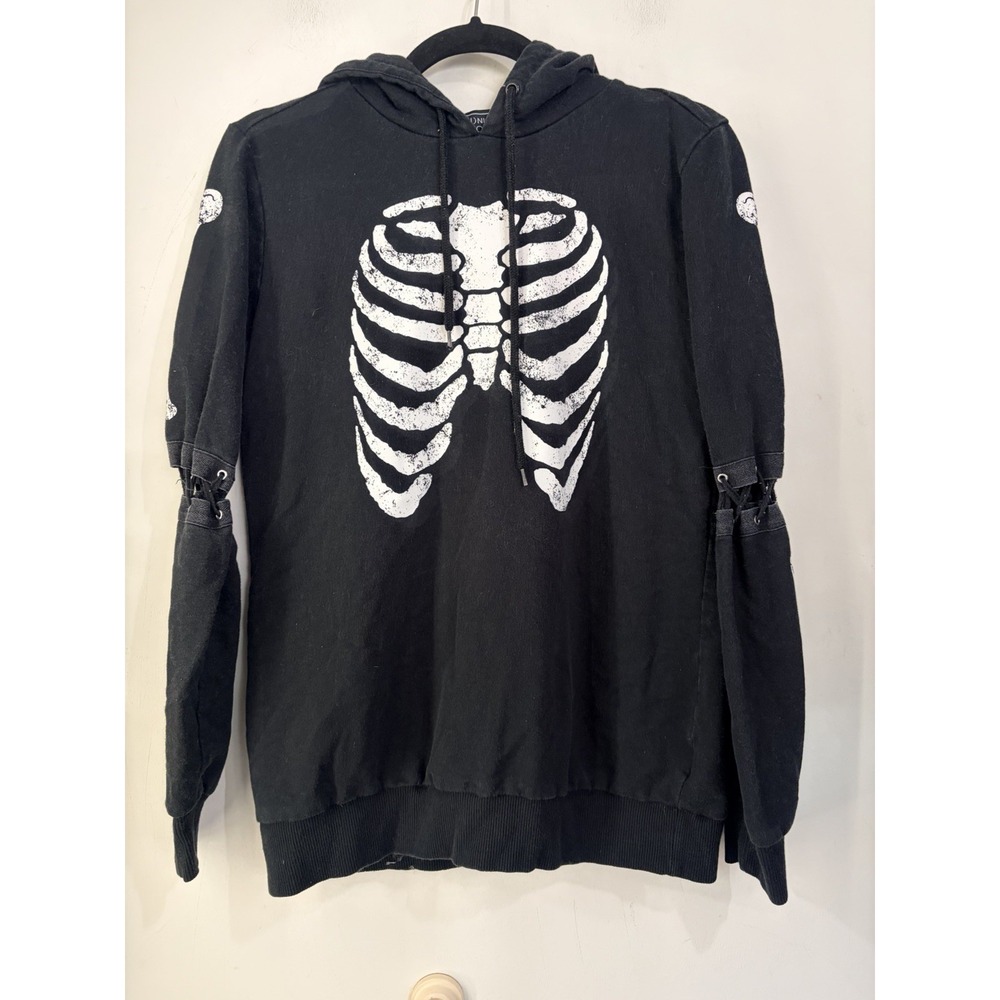 Midnight Hour Skeleton Hoodie Black Lace Up Sleeves Ribcage Goth Emo Punk